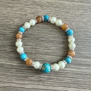 👍Turquoise Pearl and Round Beads Stretch Bracelet New High Quality Handmade